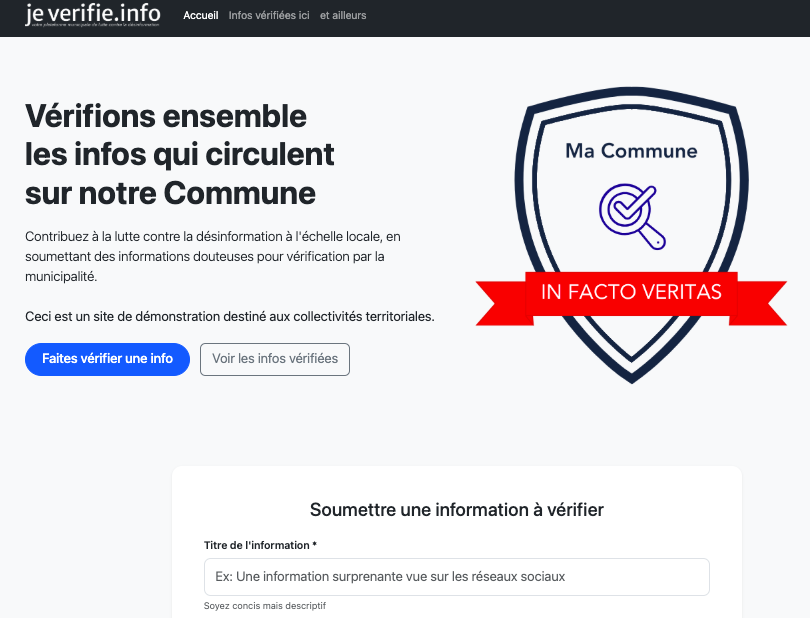 Site de démonstration JeVérifie.Info : accueil citoyen et formulaire de demande de vérification